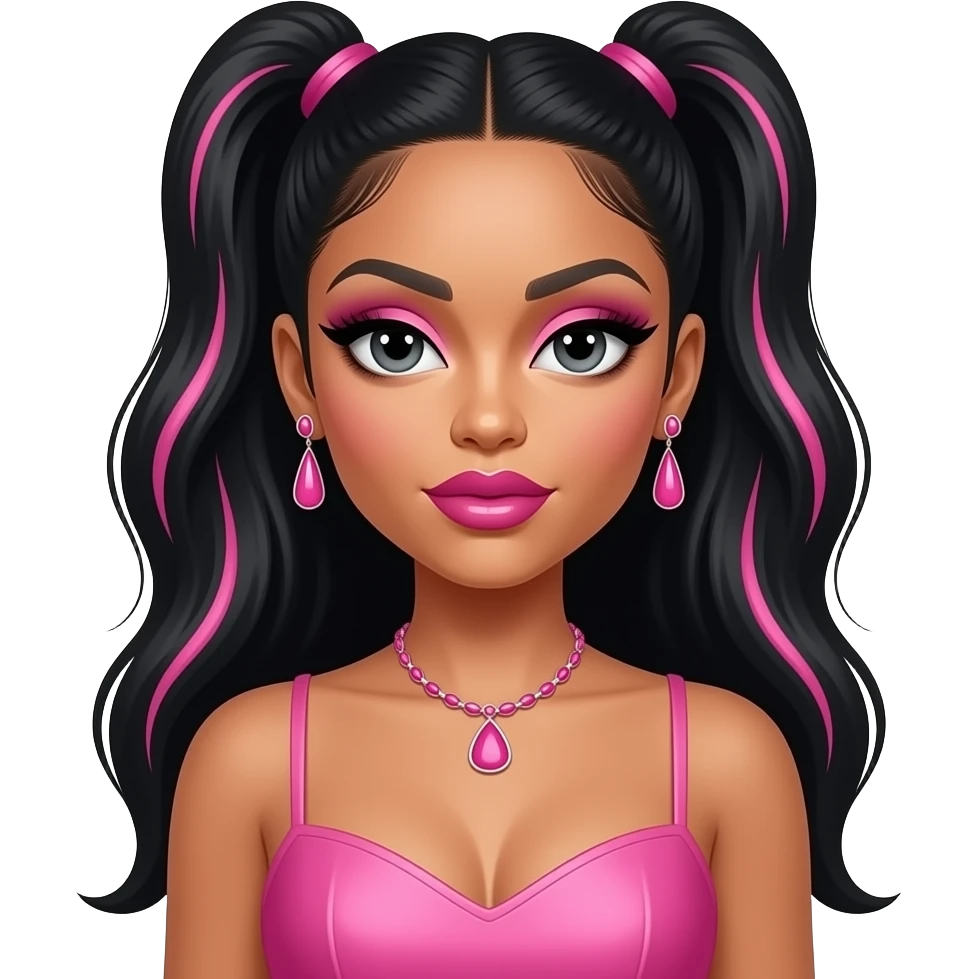 Nicki Minaj with dark grey eyes, long black hair with pink highlights, pink eyeshadow, hot pink lipstick, pink dress, pink necklace and earrings emoji