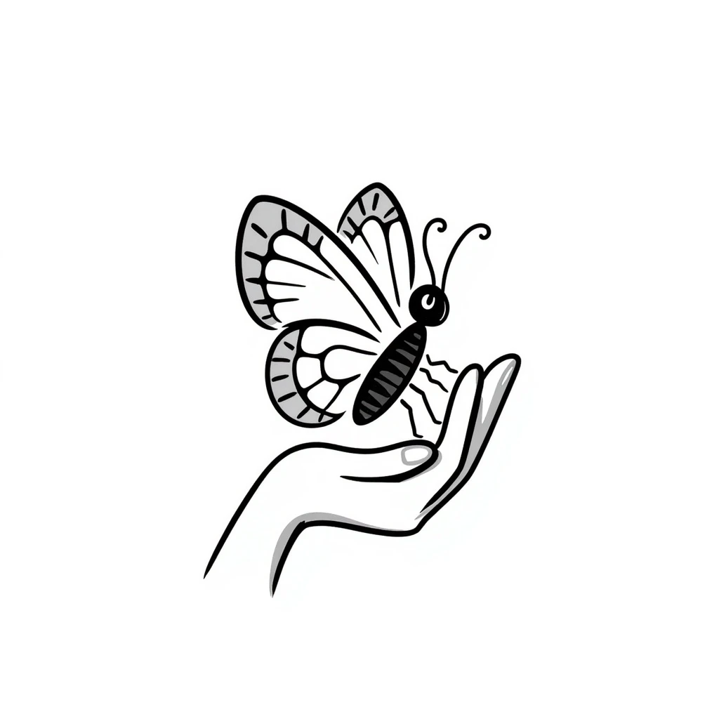 a butterfly in hand-drawn doodle style with black lines and whimsical look emoji