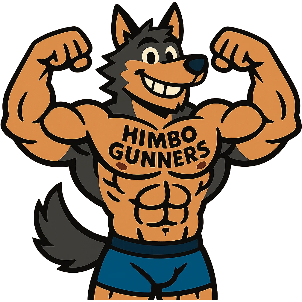 extremely muscular wolf furry, shirtless, 'Himbo Gunners' tattooed across his chest, flexing pose, big friendly grin emoji