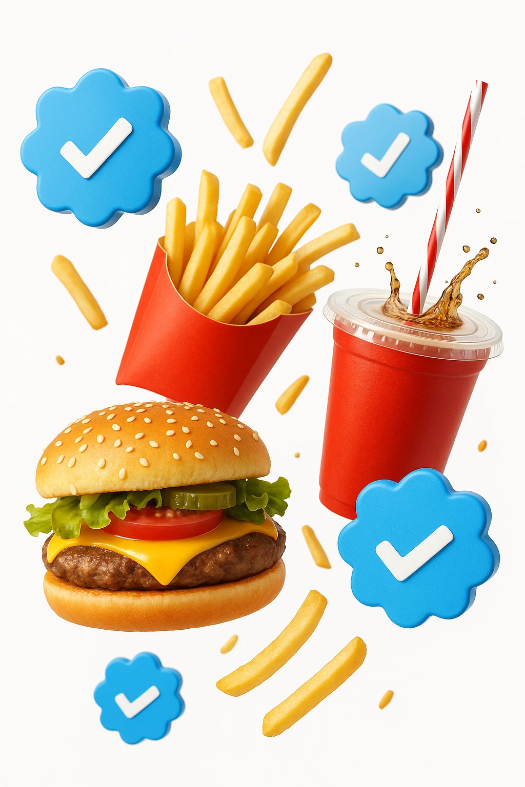 fast food realistico fluttua in aria insieme a spunte di verificato in 3d, sfondo bianco emoji