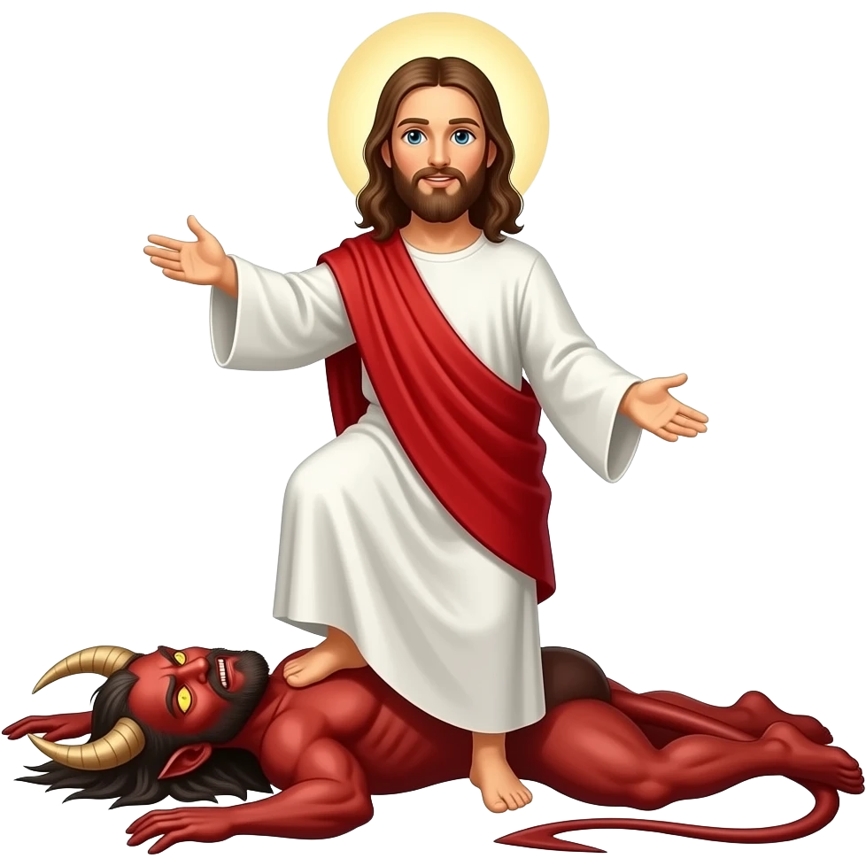 Jesus beats up Satan and wins with Satan looking defeated and Jesus standing over him with a foot on his head to stay down emoji