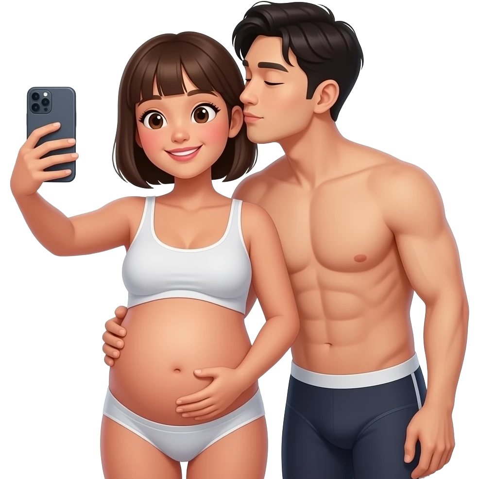 generate me a hot filipina with brown skin pregnant taking a mirror selfie with bangs and short hair with a hot korean guy with bangs hair besides her carrying her womb like doing a backhug. make them wear underwear. make the guy rest his head on the woman's shoulder. make them kiss emoji