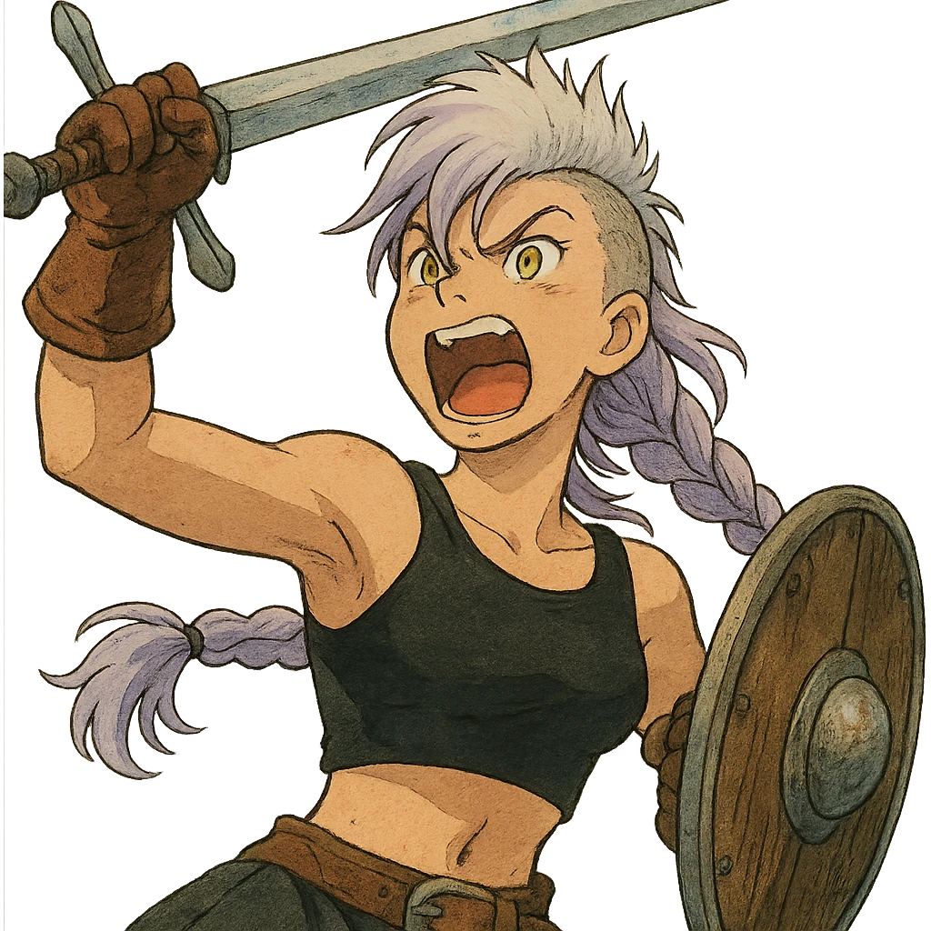 A sword maiden, mohawk, long braid white hair with lavender and tips long messy bangs one side, gold yellow eyes, black crop top, brandishing an arming sword and a shield, roaring! rah! emoji