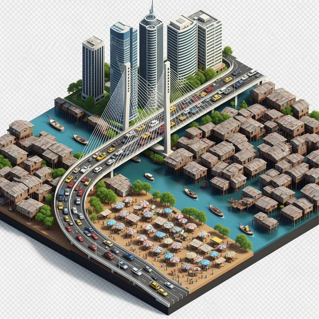 Isometric miniature of Lagos Lekki-Ikoyi Bridge, Eko Atlantic skyscrapers, Makoko slums, tin-roof shacks, chaotic markets, gridlocked traffic, 3D miniature effect and Tilt Shift effect, no cartoonish look, transparent background, don't cut angles emoji