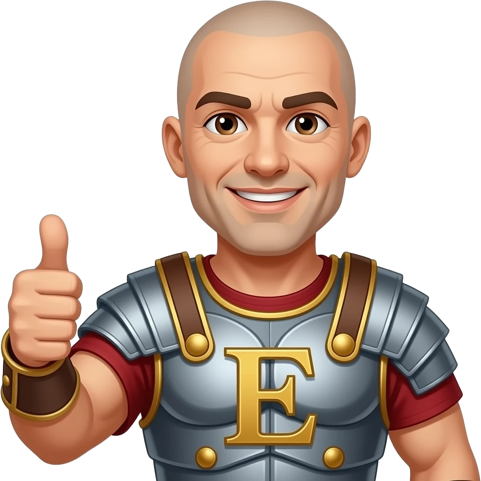 Muscular Roman soldier bald brown eyes smiling giving thumbs up letter E on breast plate emoji