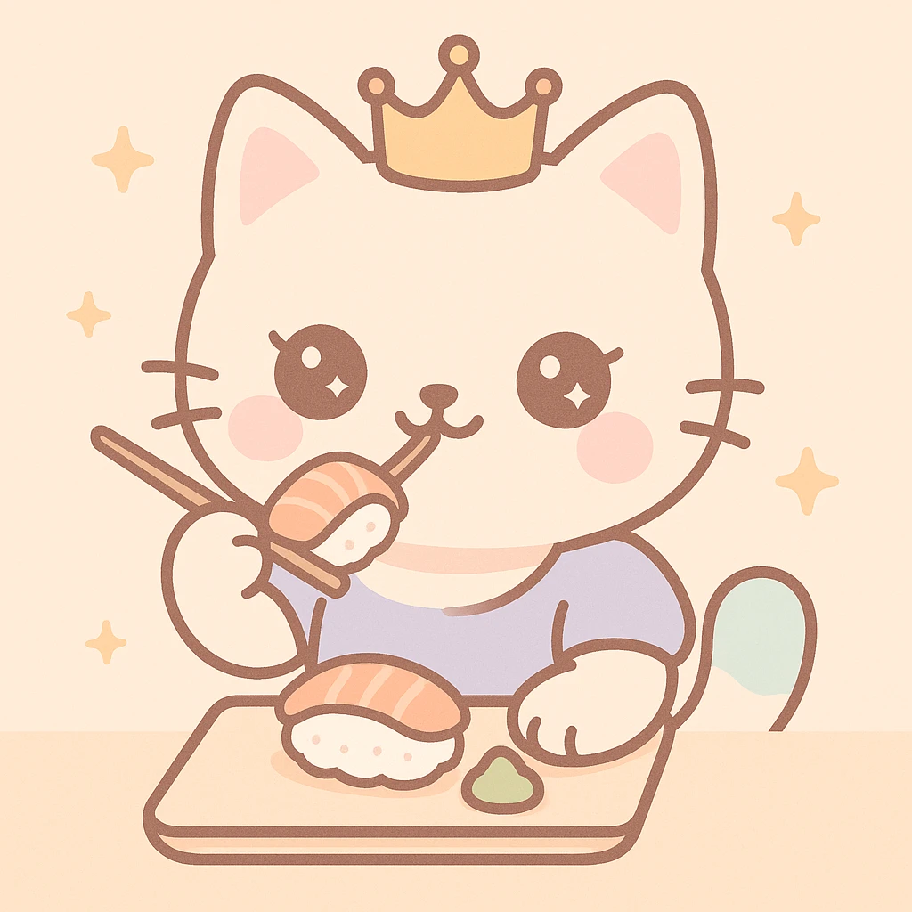 princess cat eating sushi, elegant crown, cute expression, detailed fur, vibrant colors emoji