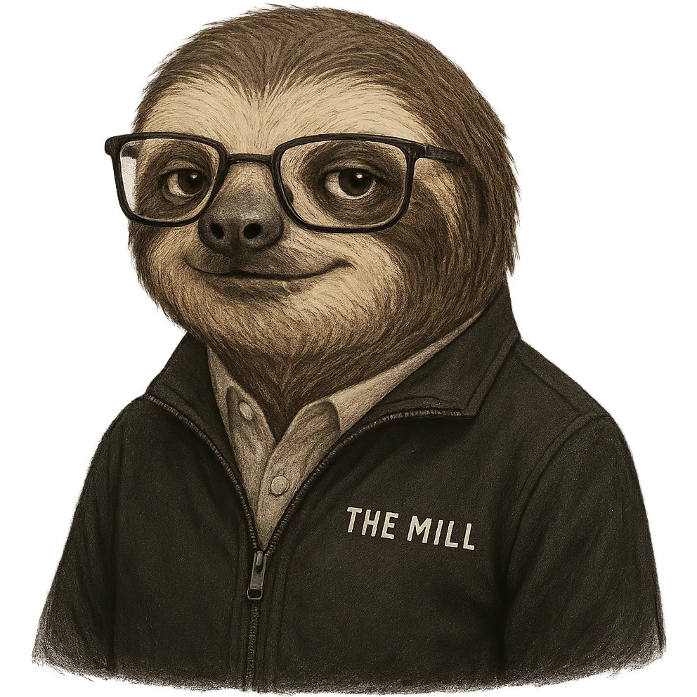a very technical and business savvy sloth wearing a black jacket with 'The Mill' logo, professional and clever expression emoji
