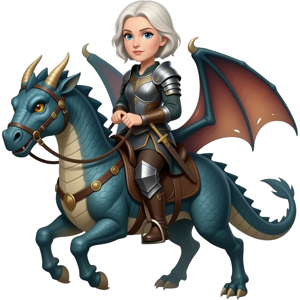 older Targerian woman warrior with short hair riding dragon emoji