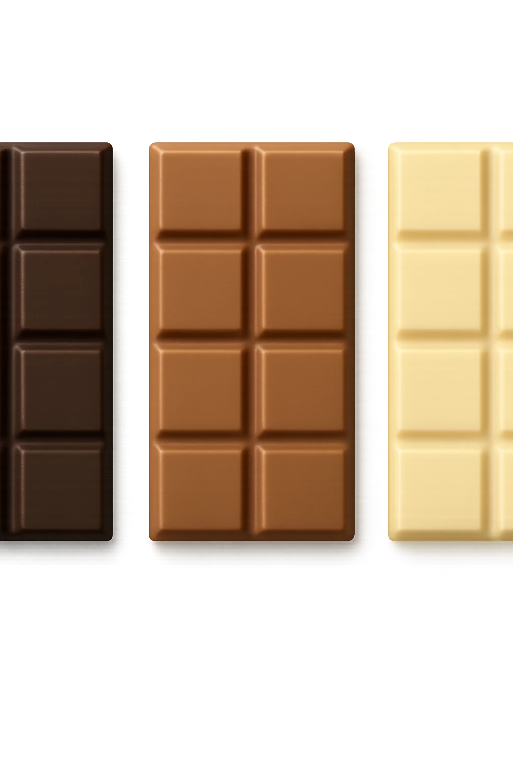 3 emoji stile iphone di BARRETTE DI CIOCCOLATO, UNA FONDENTE, UNA AL LATTE E UNA BIANCA, CON OMBRA REALISTICA, VISTE DALL'ALTO, IPERREALISTICO 4K emoji
