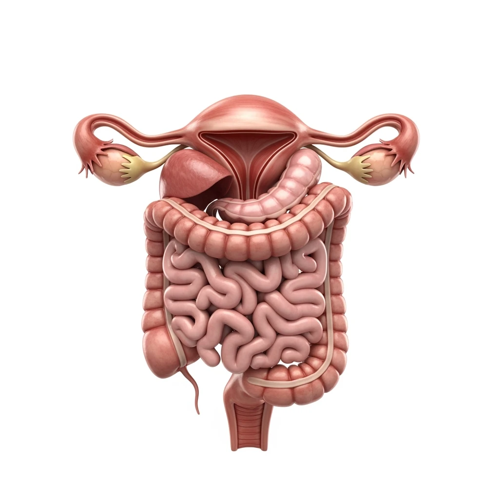 UTERO UMANO ANATOMICO COLLEGATO AD INTESTINO, iperrealistico 4k, SFONDO BIANCO emoji