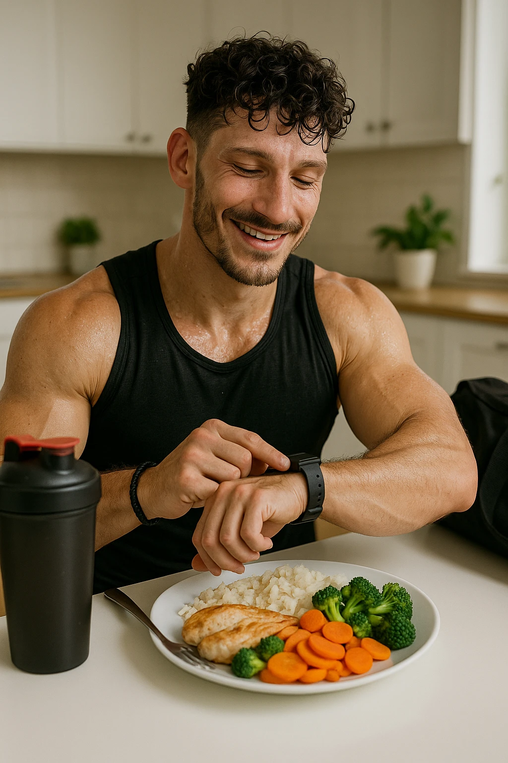 a fit man in his 30s, still in gym clothes and slightly sweaty, sits at a kitchen table right after a workout. In front of him is a balanced meal with a generous portion of rice, pasta, or potatoes, along with lean protein and vegetables. He checks his watch or a fitness app, smiling with satisfaction as he times his post-workout meal. The background is a bright, modern kitchen, with a shaker bottle and gym bag visible. emoji