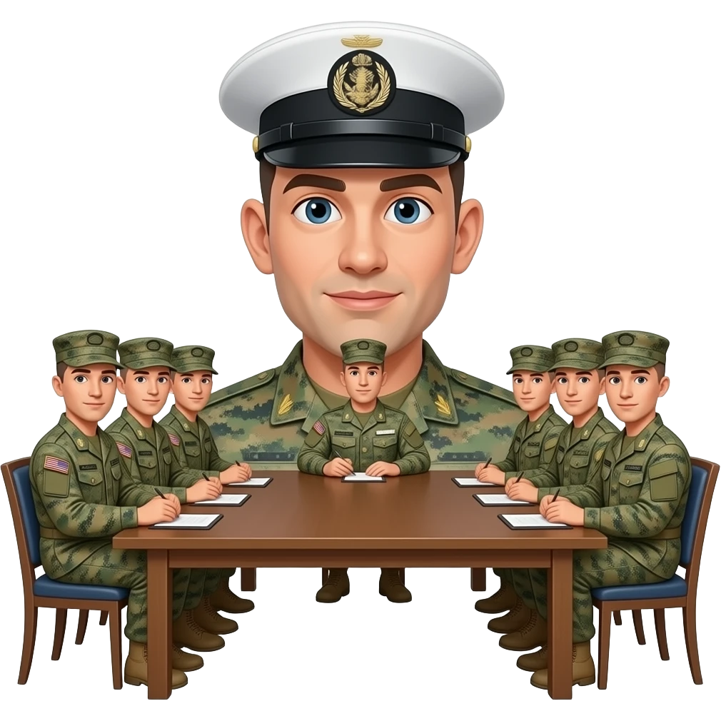 12 Marines meeting at a table lead by a big eared marine emoji