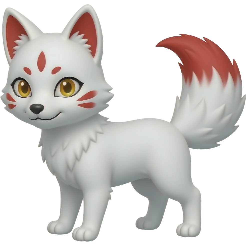 A white one-tailed Kitsune (Fox Form,) with red accents on his face, (two on each cheek and a single one on his forehead,) red on the inside of his ears, and pale golden eyes. Pure white paws,and a red tail tip. emoji