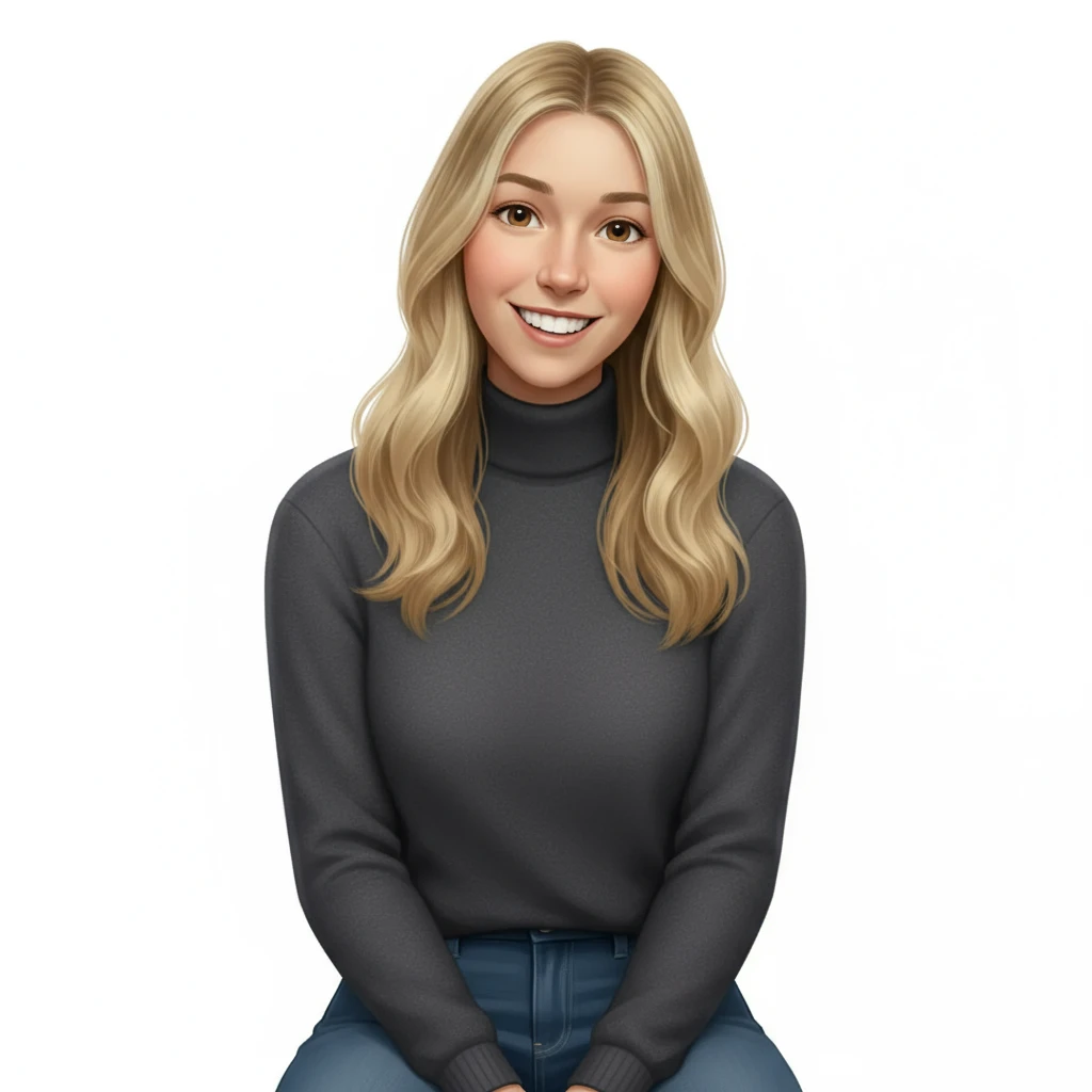нарисуй эту девушку строго фас она сидит в водолазке и джинсах, без шапки  emoji