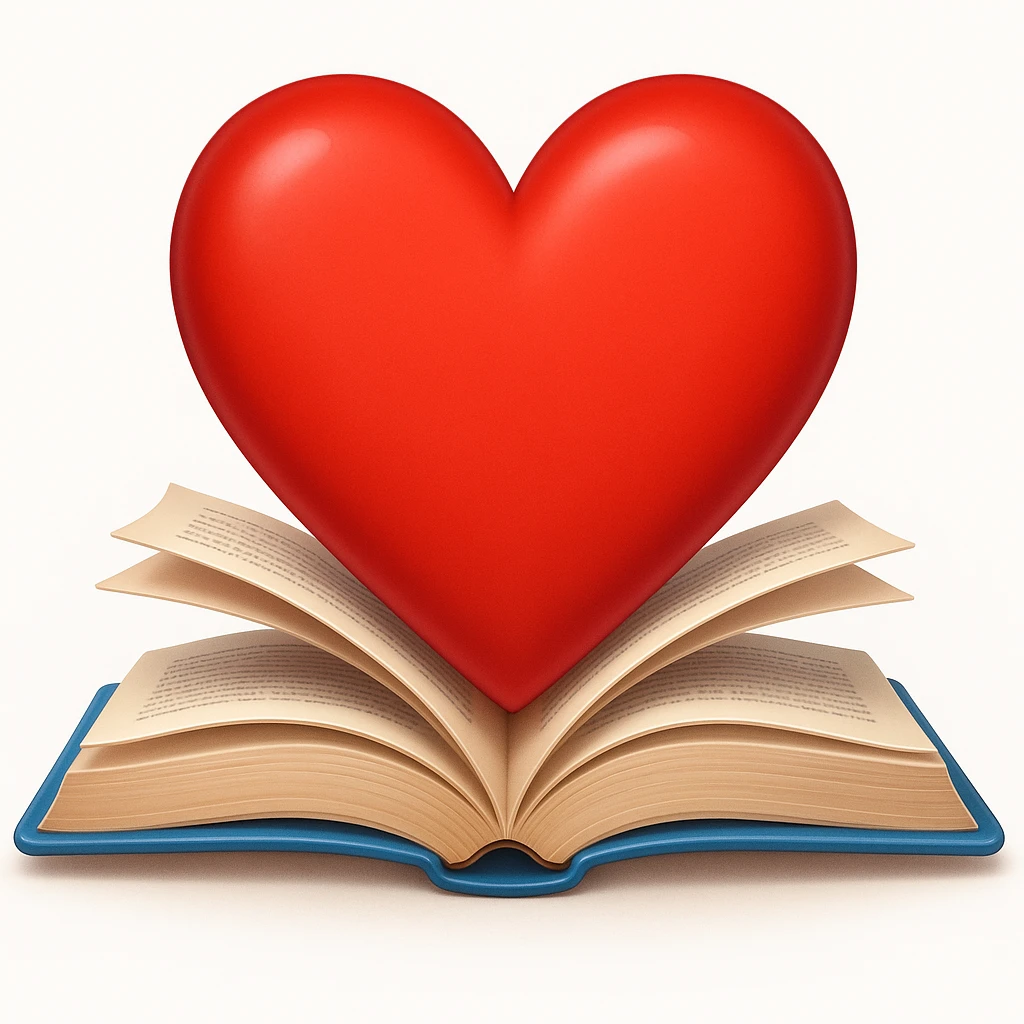 apple style emoji of a light blue heart with books, red colorway emoji