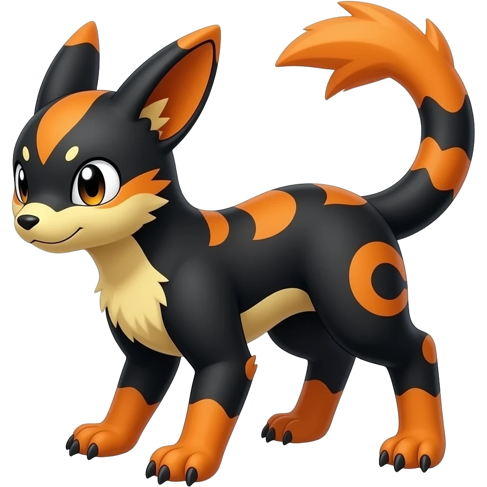 Rare realistic exotic edgy dark gothic gloomy spooky black and orange/yellow epic pretty beautiful handsome gorgeous aesthetic colorful vibrant Vernid-Trico-species-Fakemon-creature by LiLaiRa, 4 legs, 1 tail, random markings, (full body) emoji