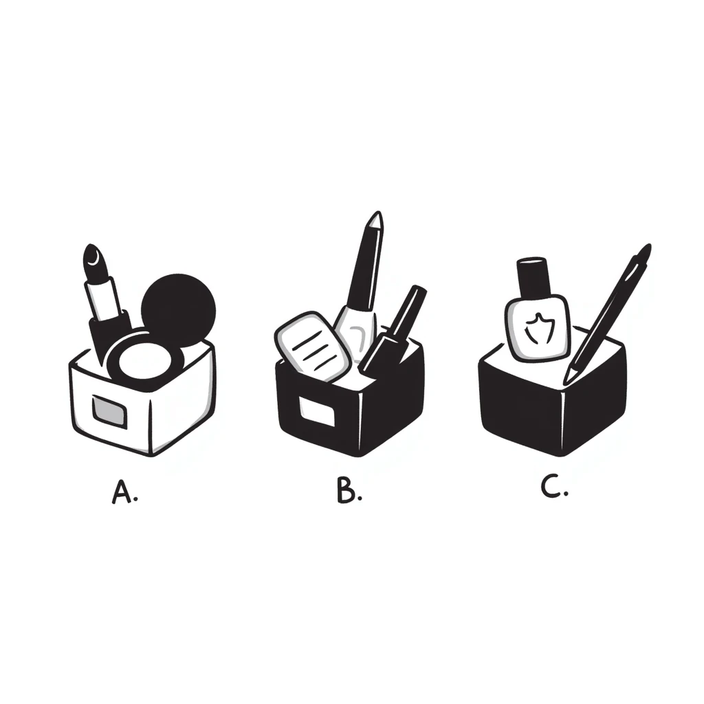 three boxes with "A", "B", "C" labels, inside those boxes there are some beauty products emoji