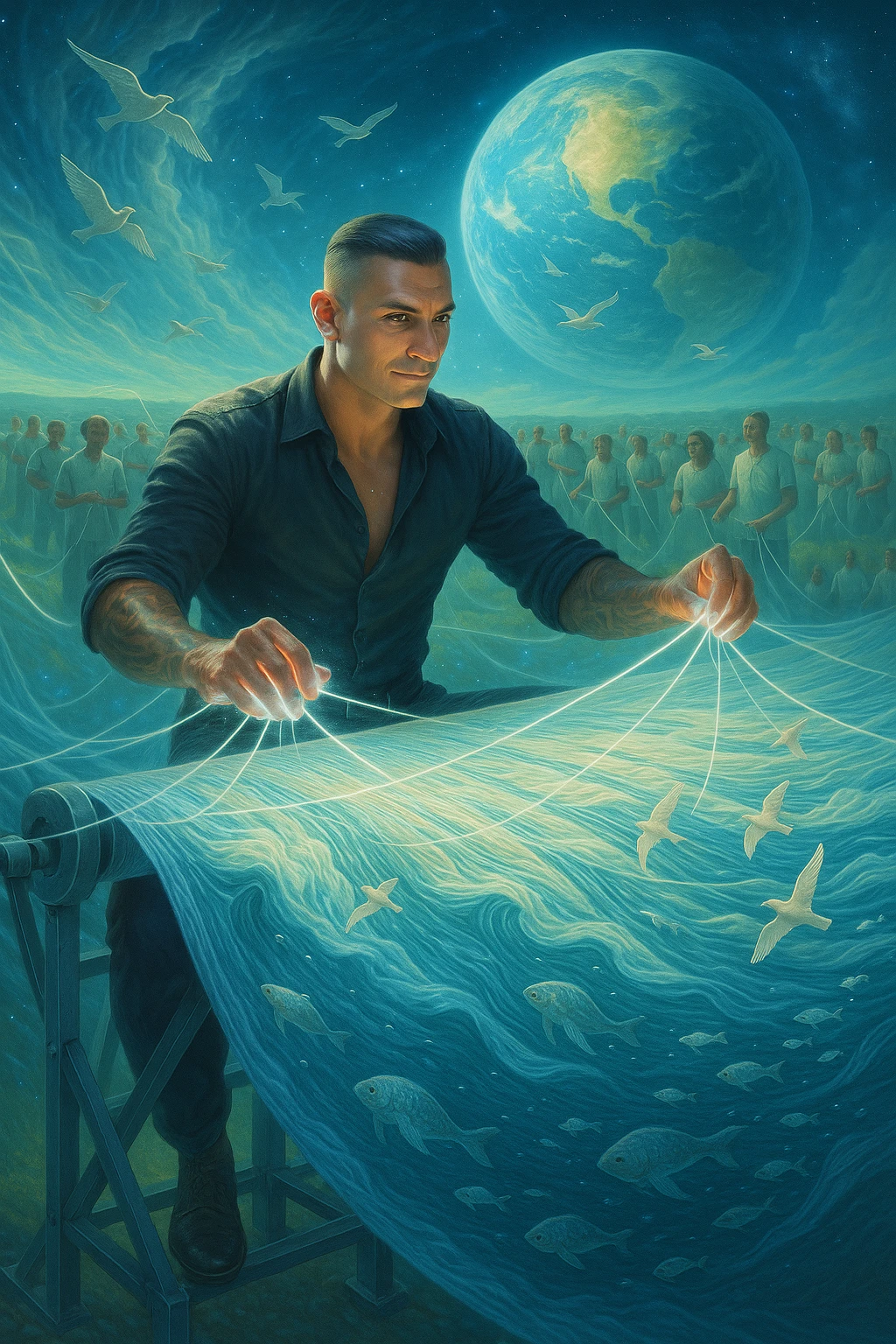 Uomo del 2030 al telaio gigante cosmico che tesse il destino del pianeta con fili di cotone stellare, ogni fibra naturale che intreccia ripara una parte dell'ecosistema terrestre, dita che brillano mentre guidano i fili di cotone attraverso dimensioni parallele, tessuto che si estende dall'atmosfera fino alle profondità marine, creature marine che nuotano attraverso le onde del tessuto acquatico, uccelli che volano seguendo i pattern del tessuto aereo, humanity unita che indossa vestiti di cotone e partecipa alla grande tessitura collettiva della salvezza planetaria emoji