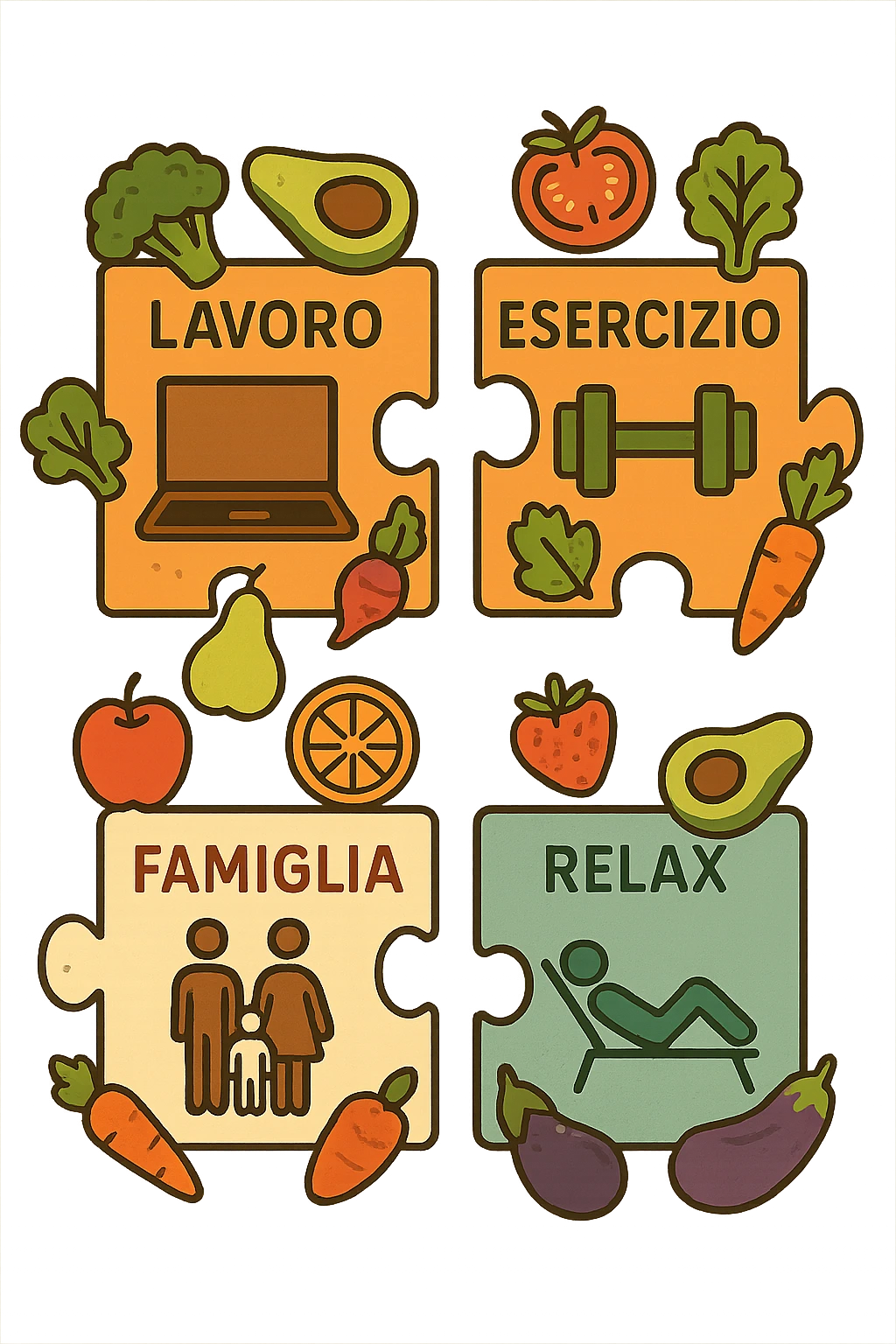Puzzle (Lavoro, Esercizio, Famiglia, Relax), in lavoro metti icona di un PC, in Esercizio un Manubrio, in Famiglia una famiglia, in Relax qualcuno che riposa and healthy foods are integrated into each piece. in italiano emoji