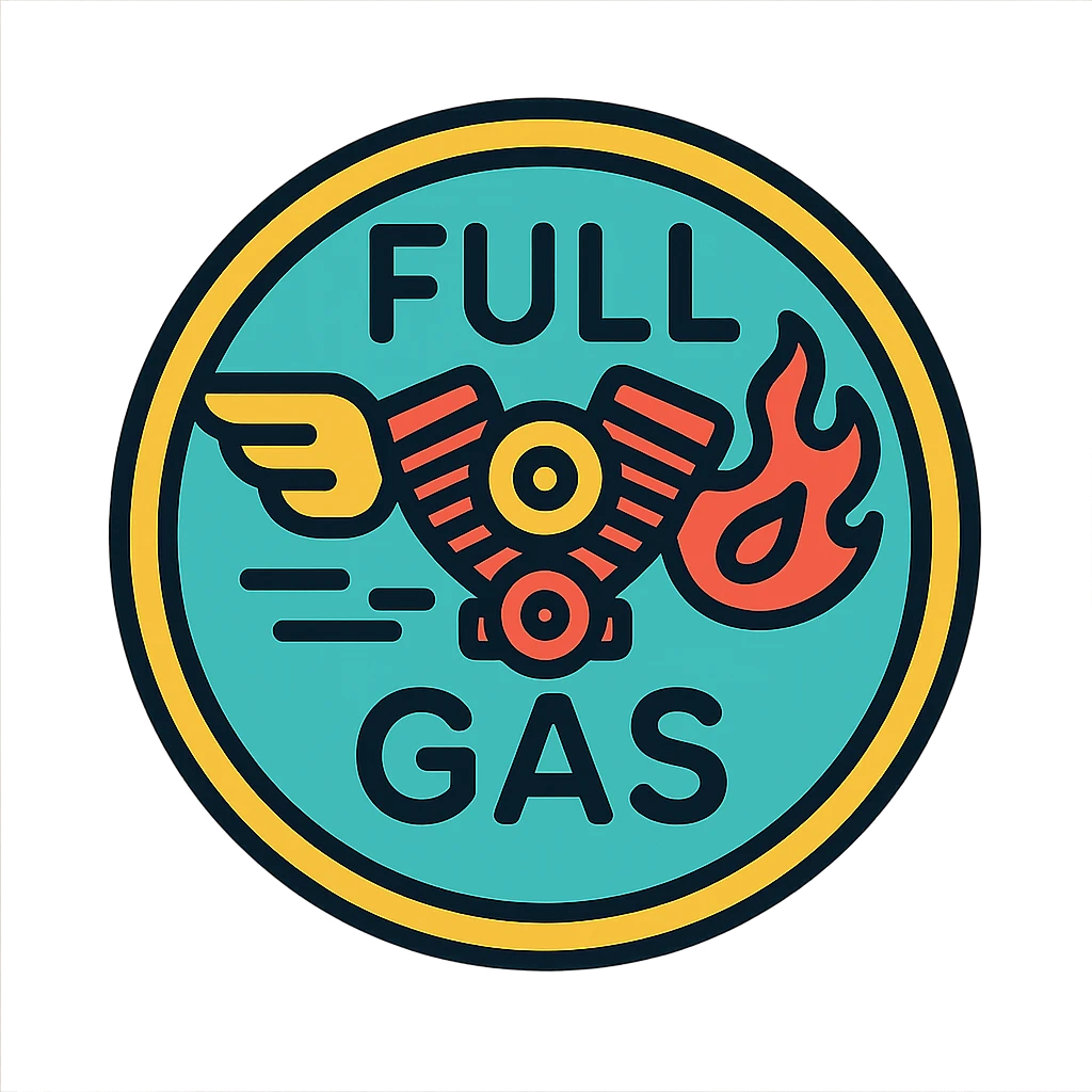circular motorcycle cap design with the English phrase 'Full Gas', featuring motorcycle motifs like motor, flame, wing, energetic style emoji