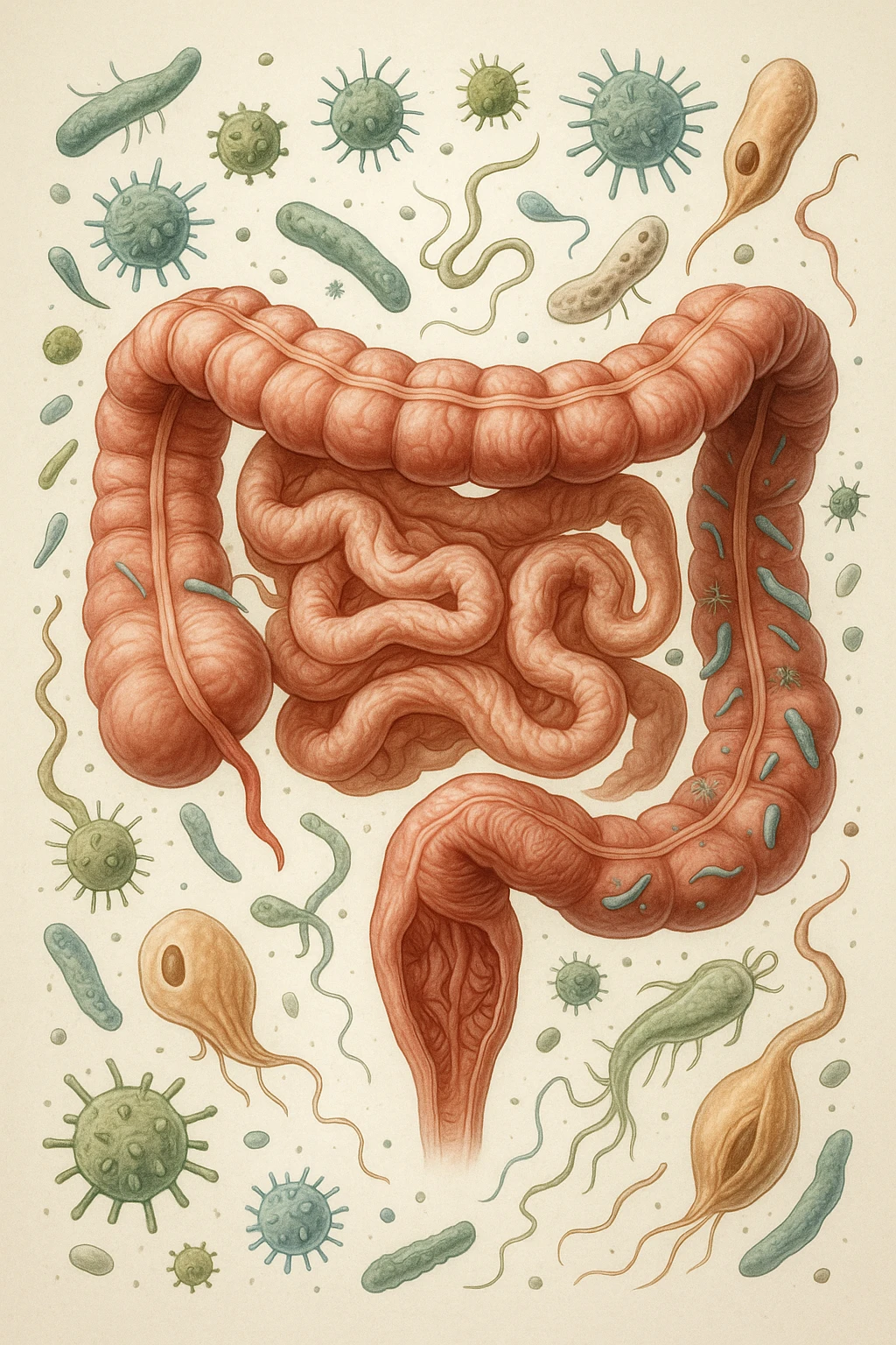 INTESTINO UMANO ANATOMICO CON BATTERI E PARASSITI INTORNO, SFONDO CHIARO NEUTRO, IPERREALISTICO 4K emoji