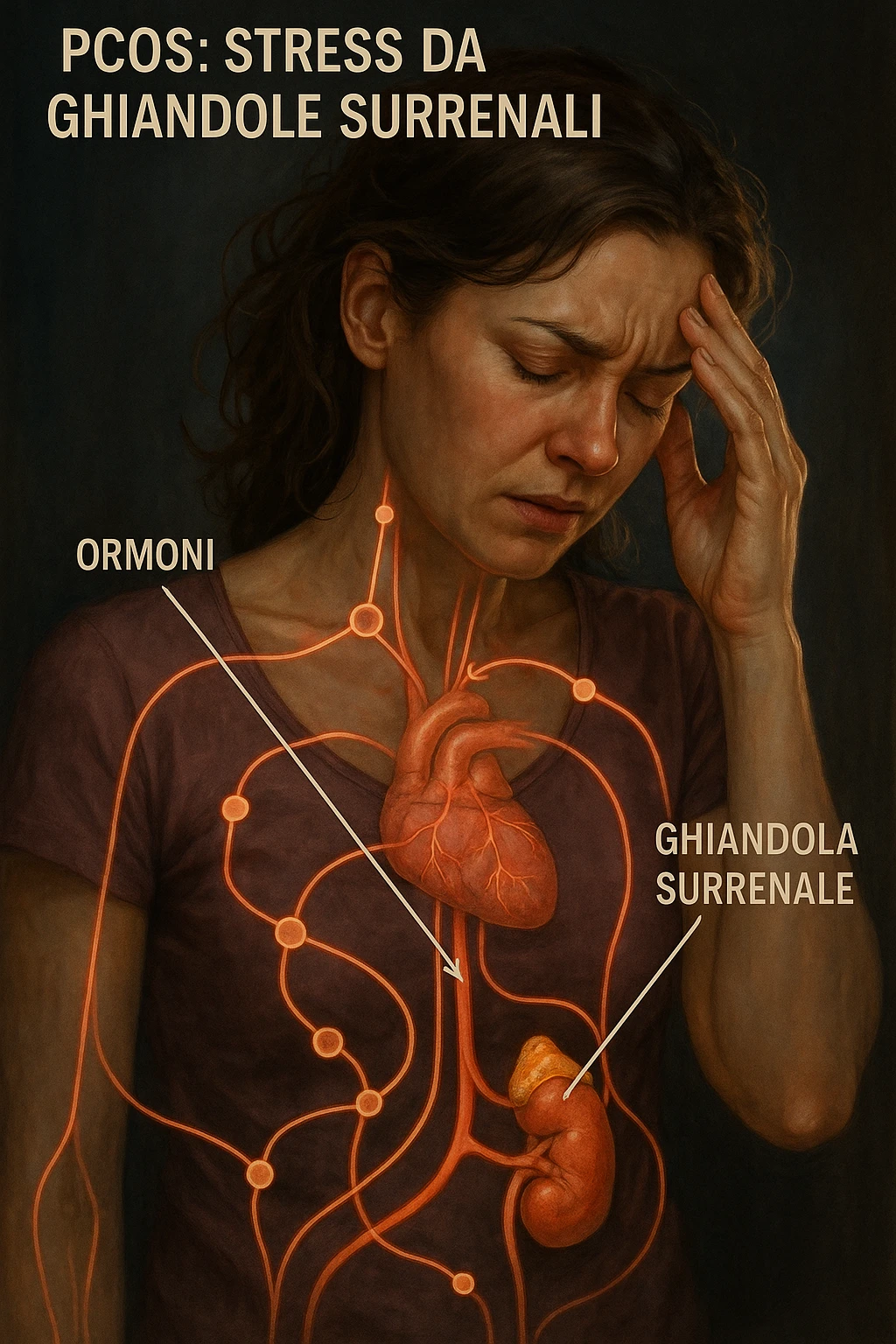 realistic and cinematic illustration of a woman with PCOS, stress originating from adrenal glands, visible hormonal connections, stressed expression, Italian captions, aspect ratio 2:3 emoji