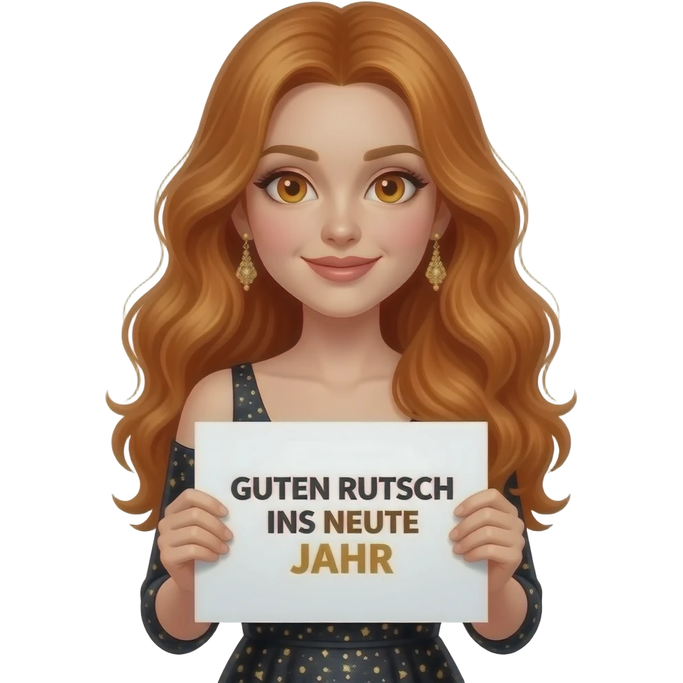 sexy girl with long wavy ginger hair and ginger eyes wearing a new years eve dress is holding a white colored sign with GUTEN RUTSCH INS NEUE JAHR written on it emoji