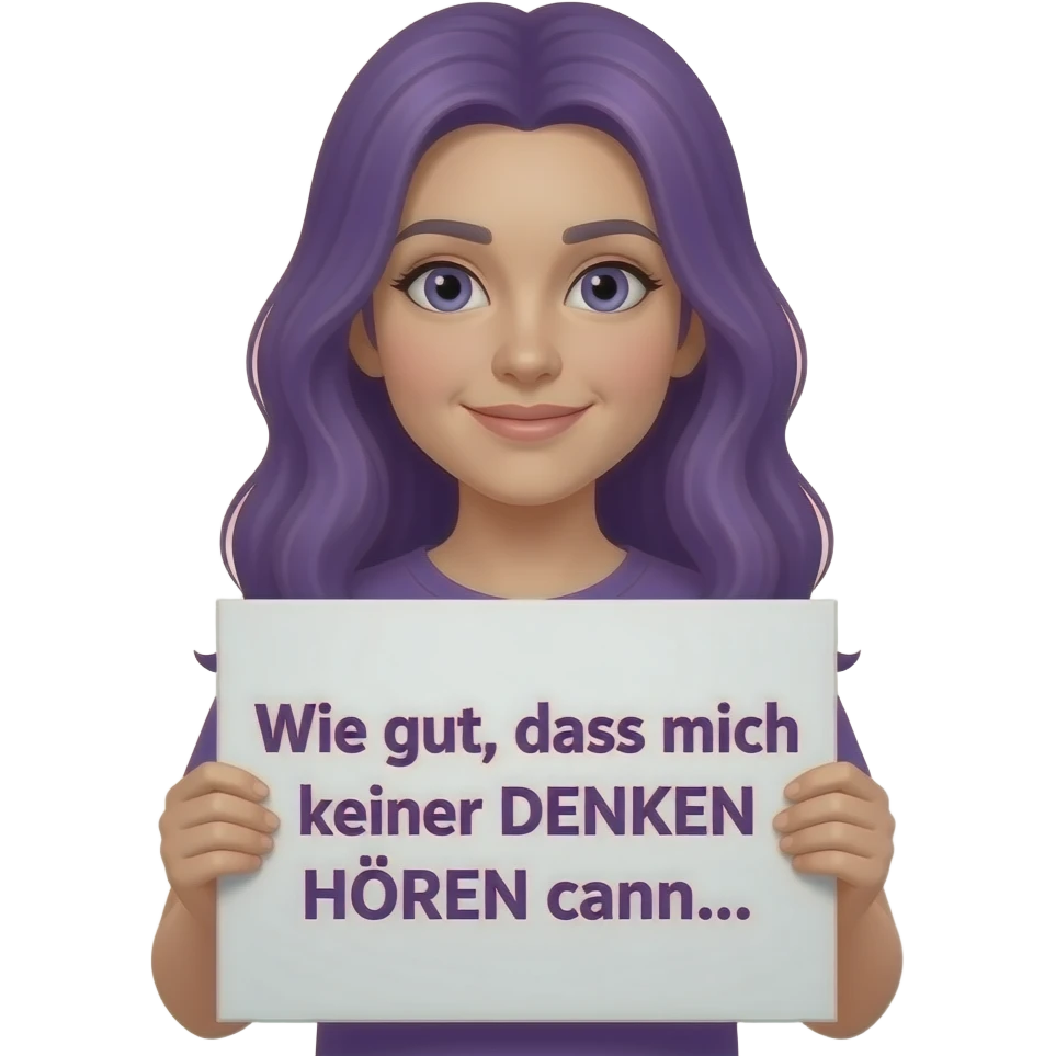 girl with long purple hair holding a Wie gut, dass mich keiner DENKEN HÖREN kann... sign emoji