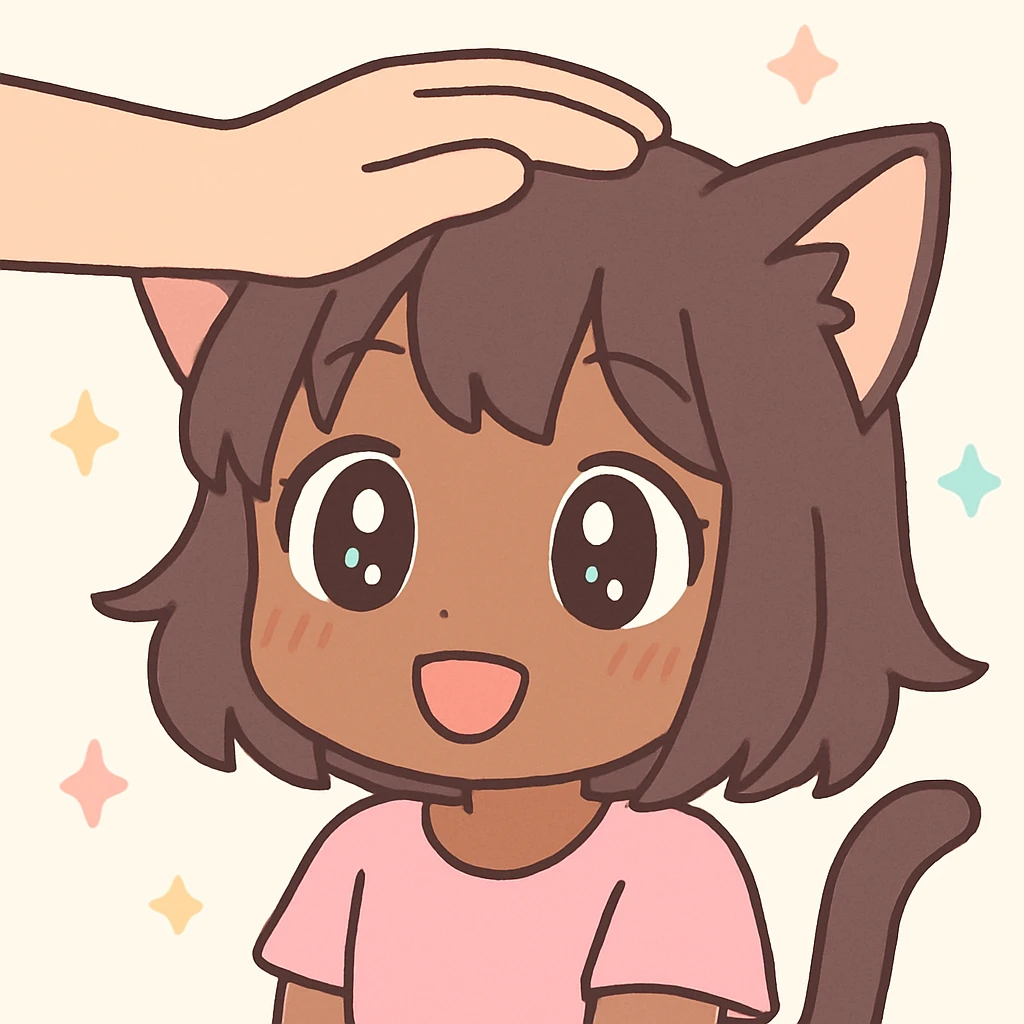 anime style cat girl with brown skin, smiling while being patted on the head, large expressive eyes, focus on head and hand emoji