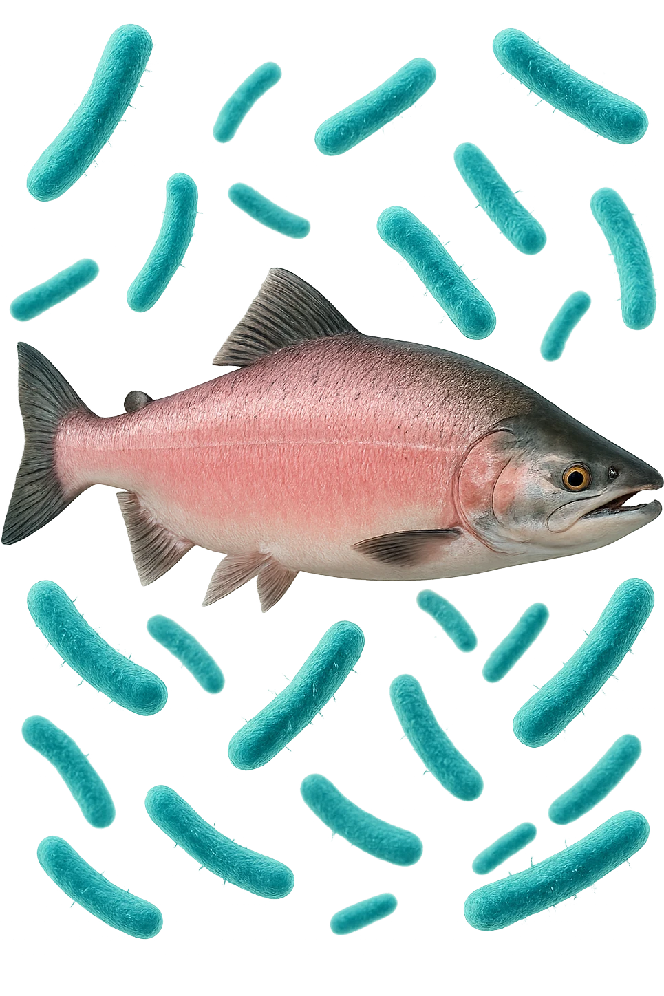 batteri intestinali rosa salmone e turchesi fluttuano in aria, iperrealistici 4k emoji