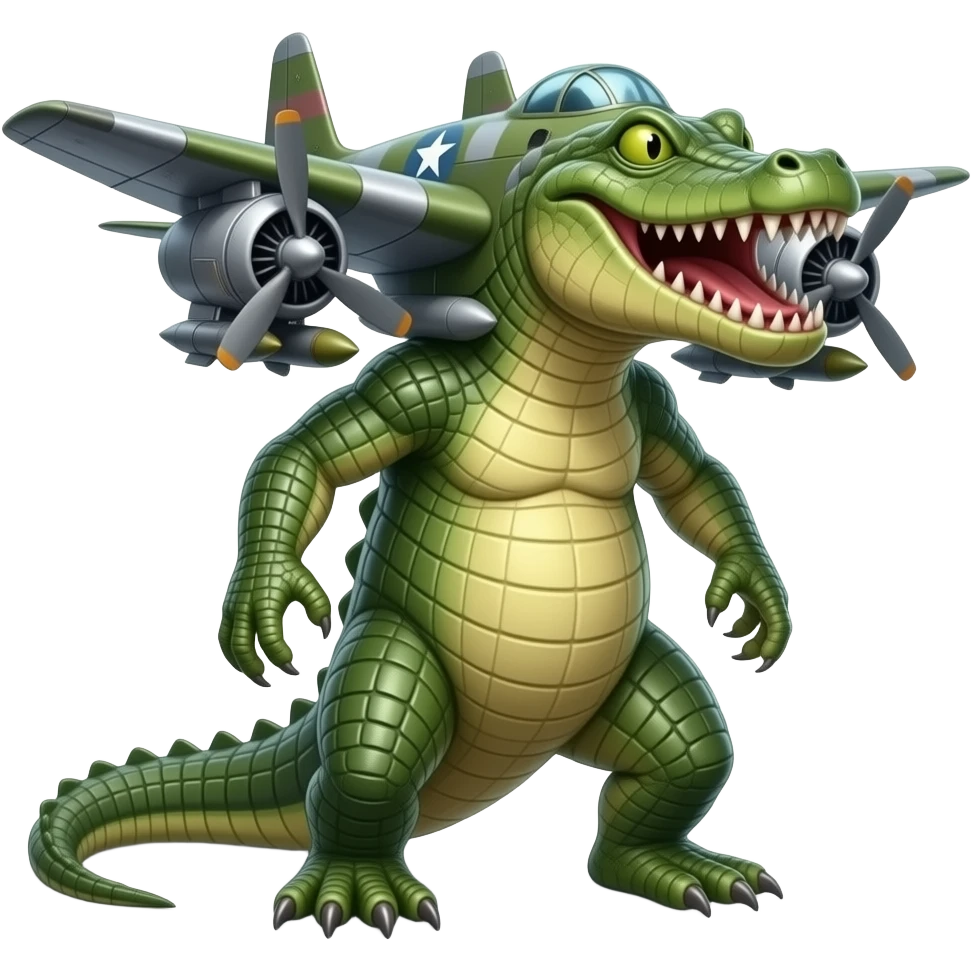 Surreal hybrid creature: a crocodile fused with a military bomber plane — green scaly body, metal wings, jet engines, and missiles. Aggressive grin, cartoon-realistic style, cinematic lighting no body emoji