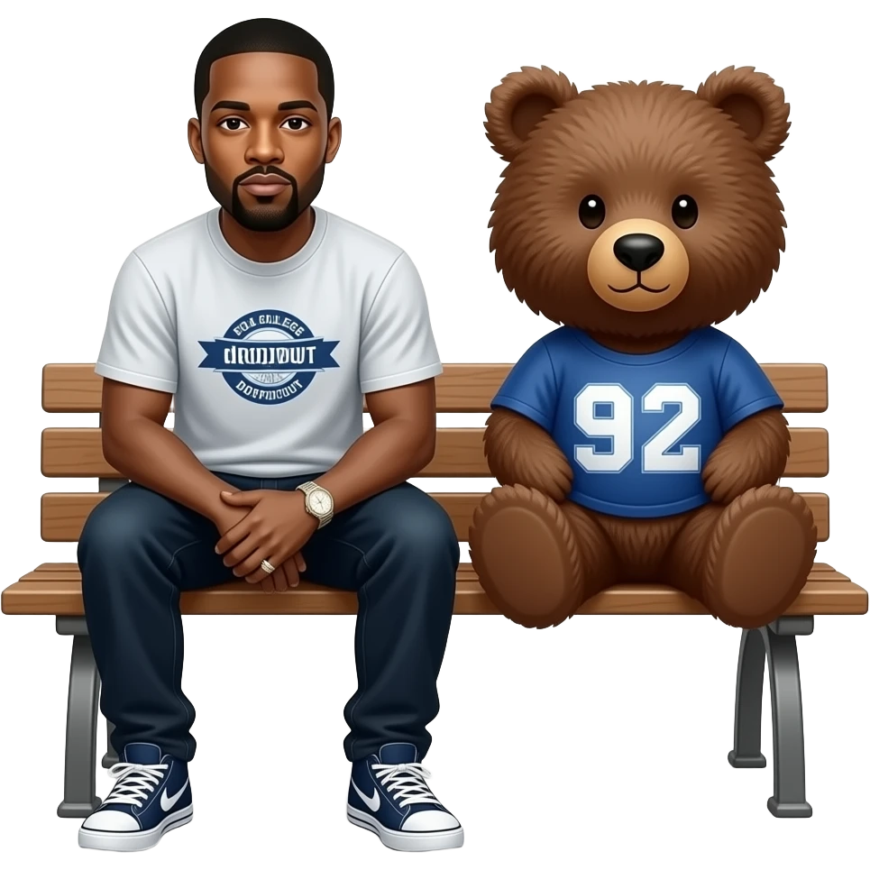Kanye west in a bench next to the dropout bear from the album the college dropout emoji