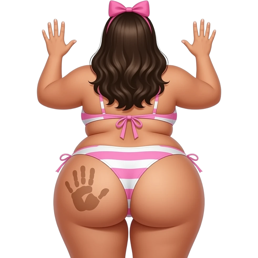 A tanned really extremely fat pink and white big booty latina showing back its bikini and big thighs and buttocks while putting her hands behind the wall and she has a skin colored hand print on her left buttocks and she with a pink bow tie on her head emoji