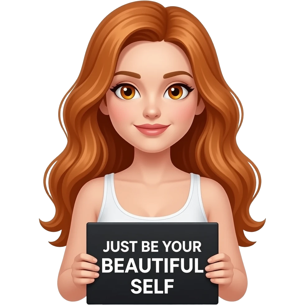 sexy girl with long ginger hair and ginger eyes wearing a white tanktop is holding a black sign with JUST BE YOUR BEAUTIFUL SELF written on it emoji
