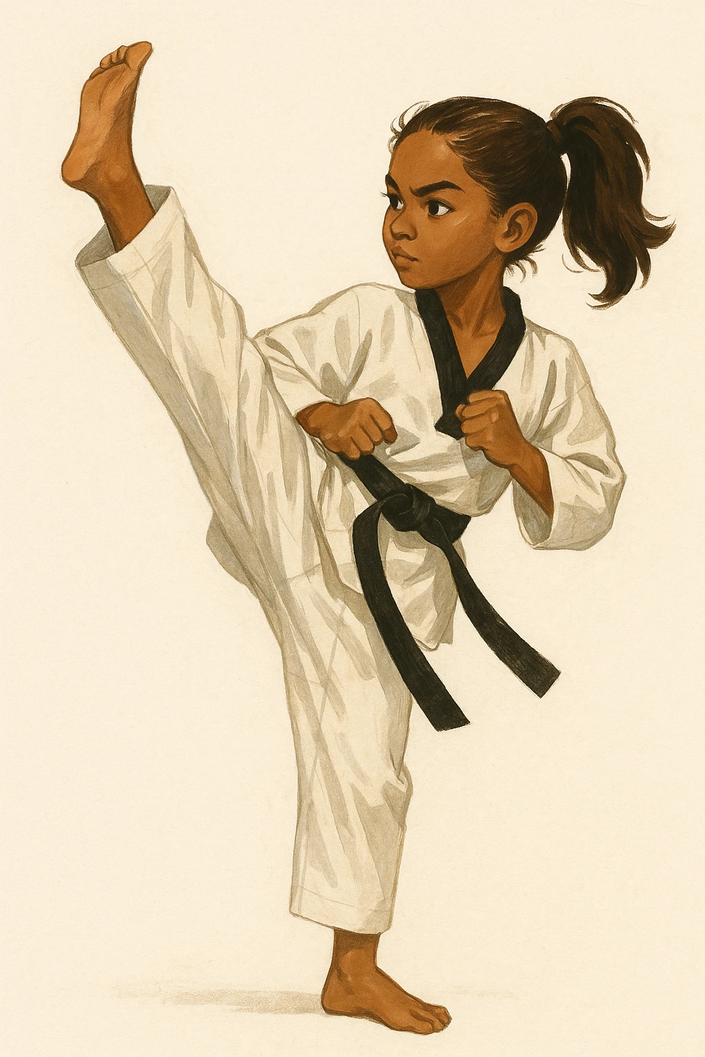 brown-skinned girl with brown hair in a ponytail doing a high taekwondo kick, martial arts uniform, action pose, minimal background emoji