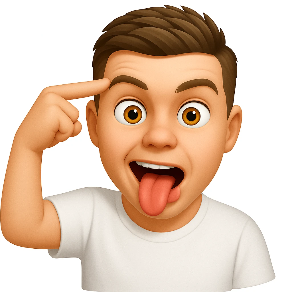 Based on these photos, make an emoji with facial features preserved, man in white t-shirt, crazy emoji