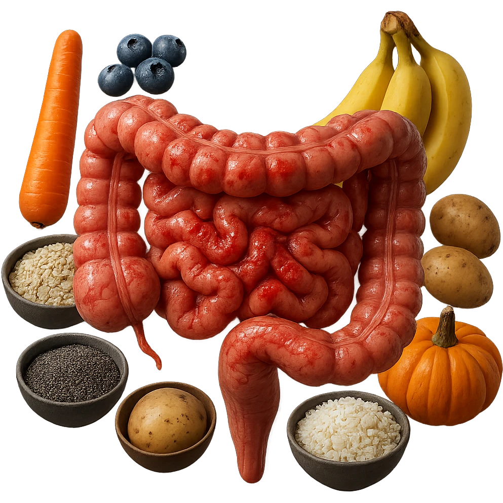 intestino umano anatomico infiammato con carota, bowl di avena, mirtilli, bowl di semi di chia, patate, banane, zucca, bowl di riso che gli fluttuano dietro, iperrealistico 4k emoji