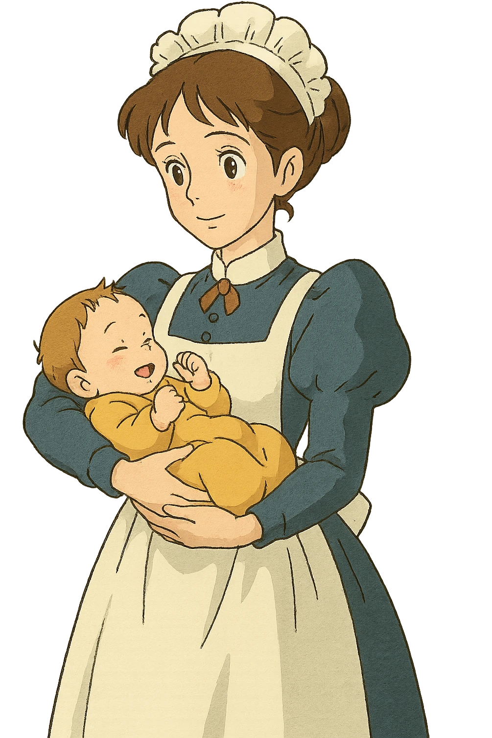 victorian midwife holding a baby with background emoji