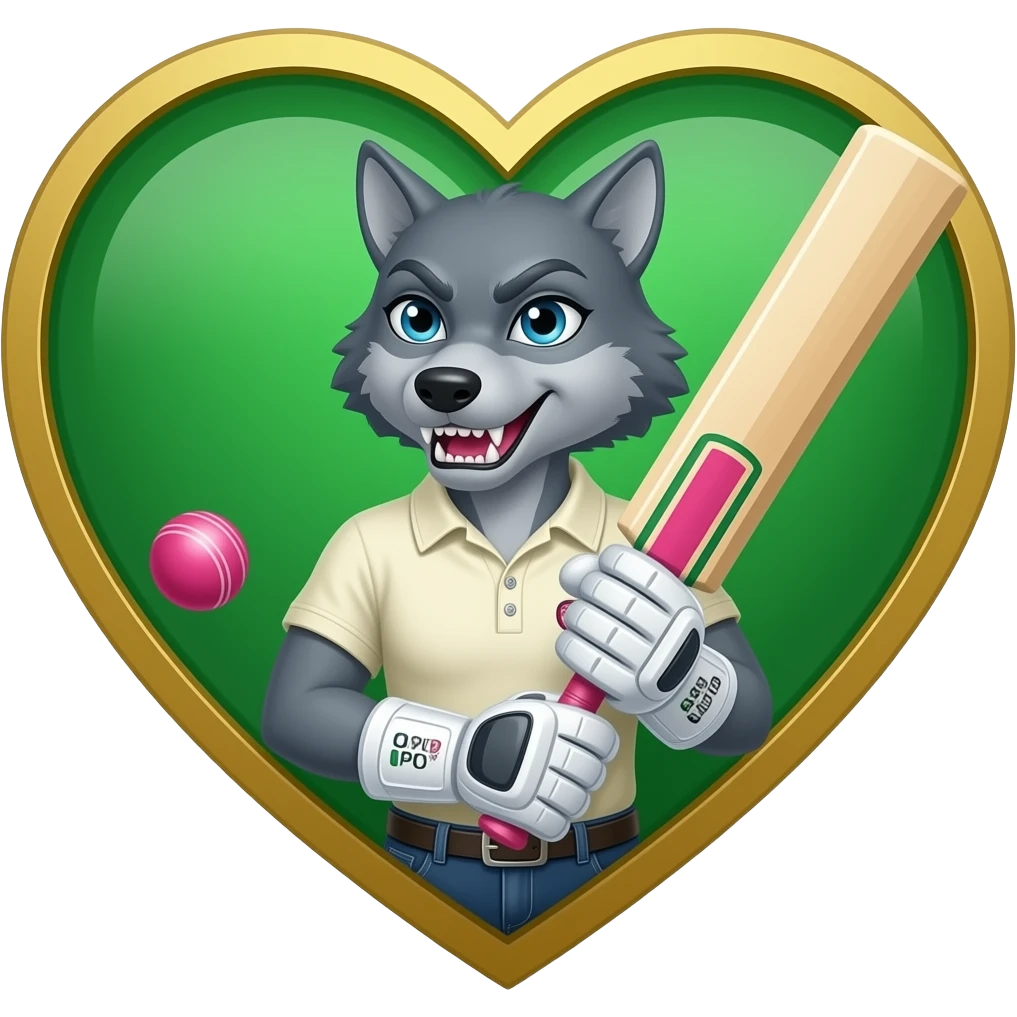 Green and gold heart background with a grey female adult snarling werewolf wearing cricket clothes holding a pink cricket ball and cricket bat emoji
