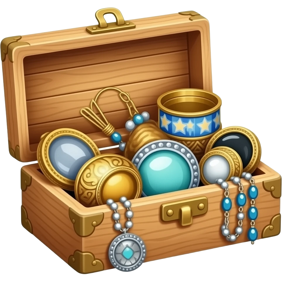 many accessories are placed in a delicate wooden box. emoji