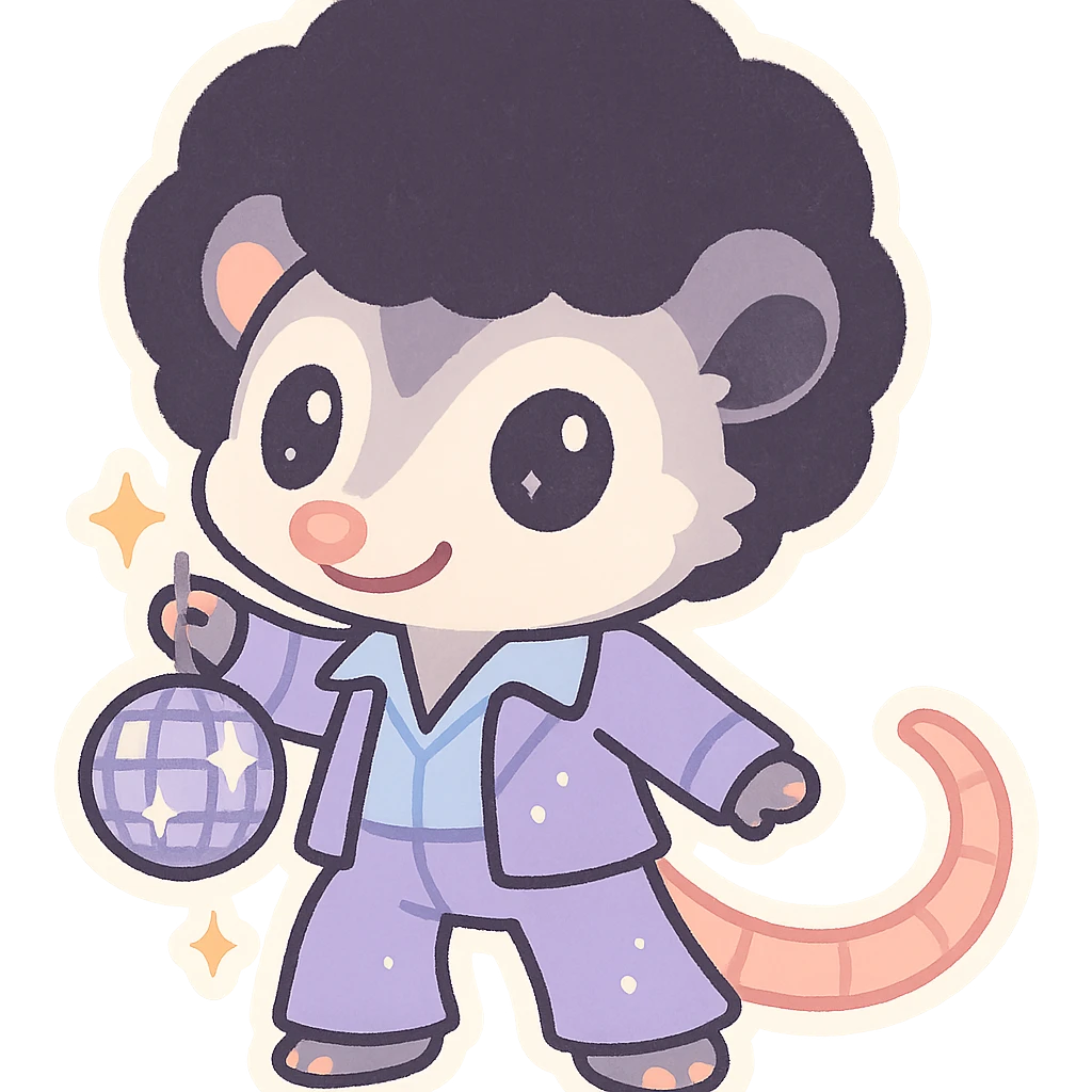 cute cartoon possum dressed up for the disco with a disco ball, sticker-like style emoji
