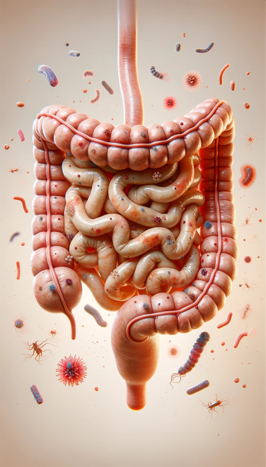 intestino umano anatomico con batteri e parassiti che gli fluttuano dietro, sfondo beige molto chiaro, iperrealistico 4k emoji