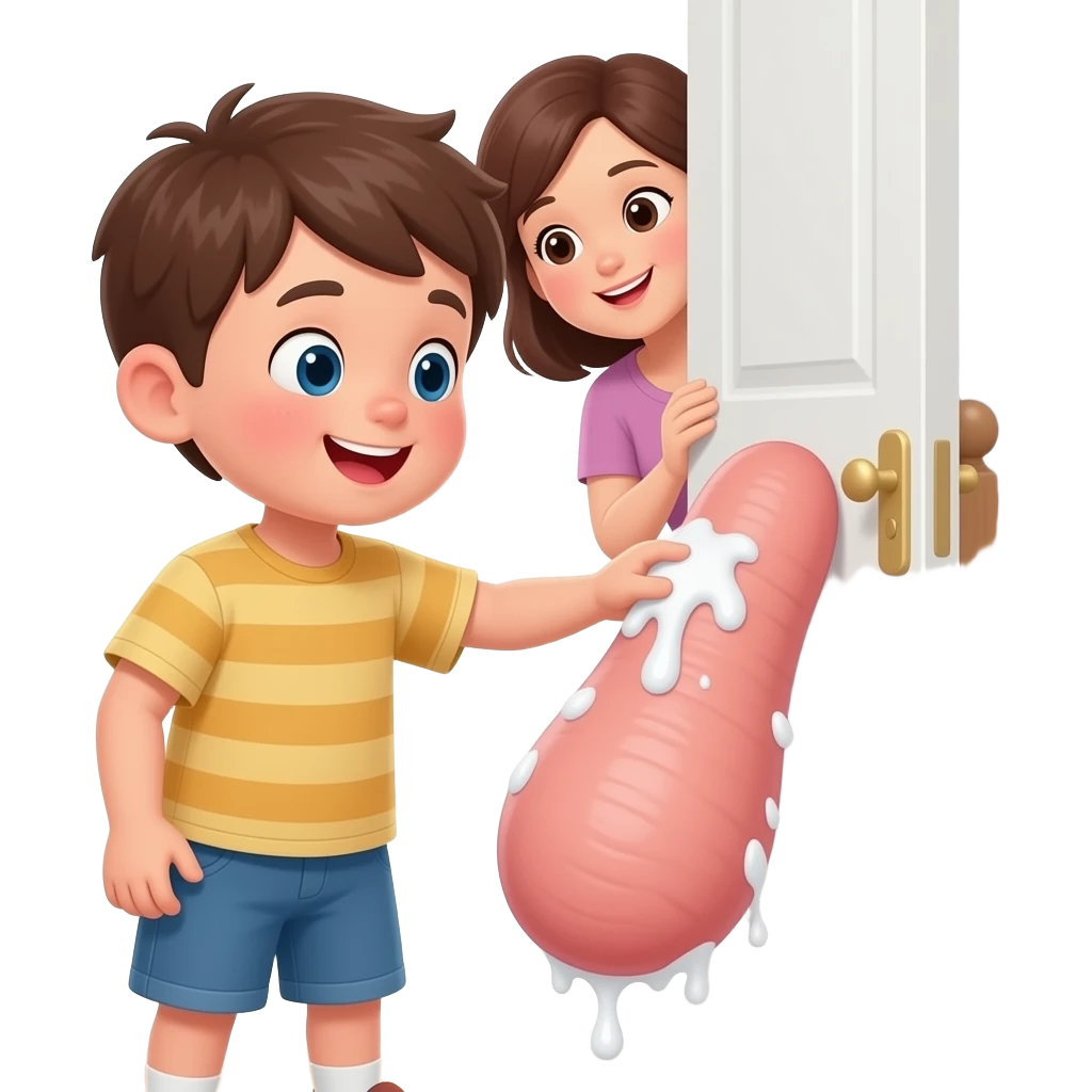 A child in his bedroom playing with his penis that is as big as him and the same thickness all the way and white stuff coming out and his mum is peeking through the door emoji