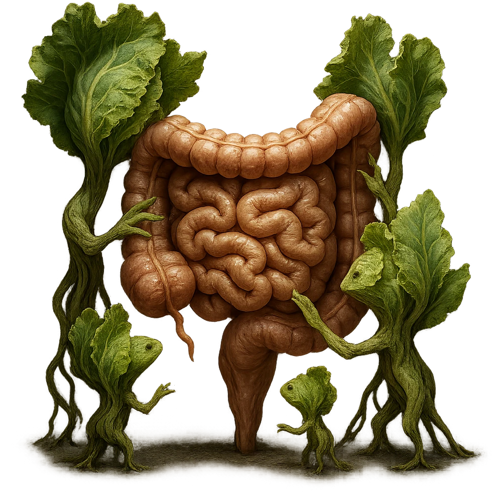 Ultra-realistic 4K illustration: stylized lettuce leaves depicted as plant-like creatures interacting with a human anatomical model of the intestine. The scene is surreal and scientific, with organic textures, refined biological details, dramatic lighting, and a bio-fantasy photorealistic style emoji