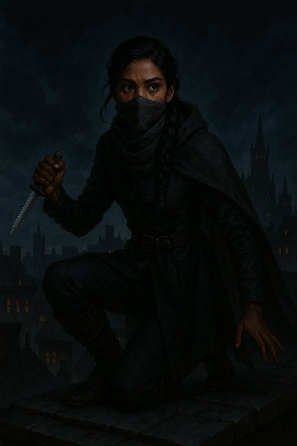 Inej Ghafa from Six of Crows, standing on a rooftop, holding a knife, dressed in dark, practical clothing, scarf covering part of her face, poised and ready emoji