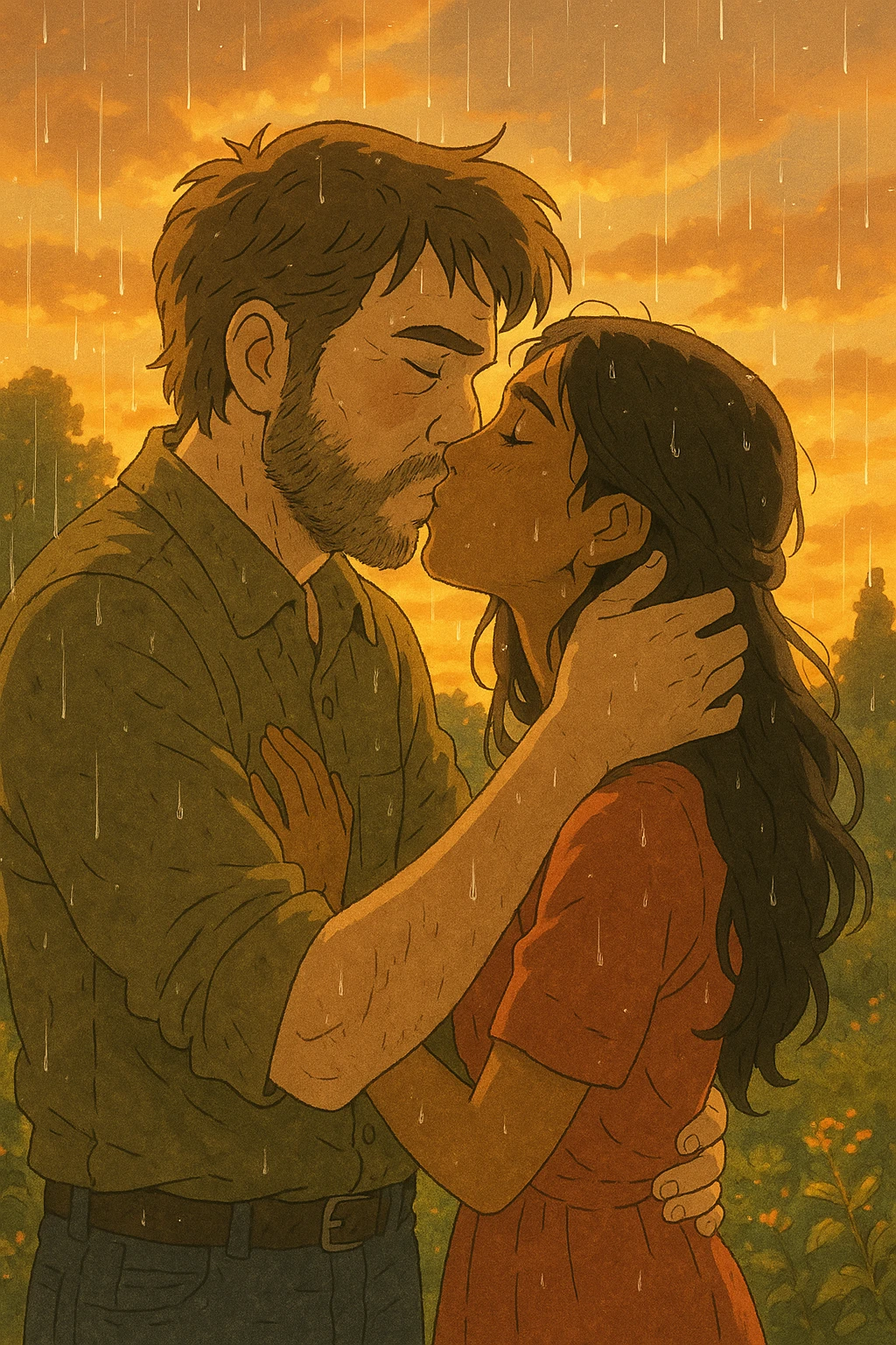 Joel holding Madhu close as they kiss in the rain during a warm sunset, romantic and tender moment, Ghibli style with glowing warm colors and rain droplets. emoji