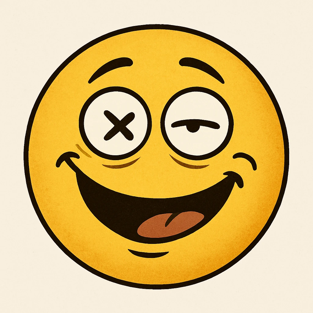 yellow face with crossed eyes and silly smile, drunk expression emoji