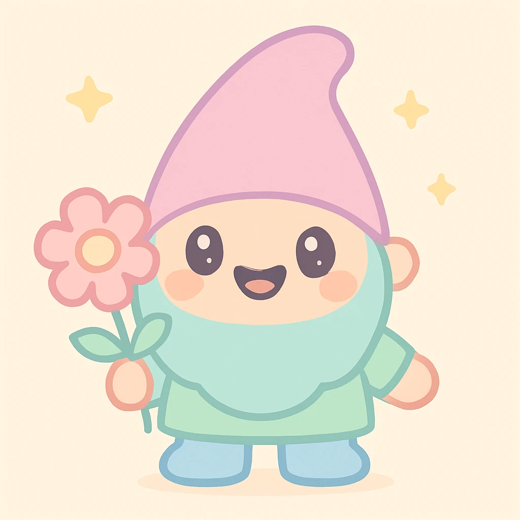 cute garden gnome, smiling, holding a flower, kawaii style, adorable, colorful, charming emoji