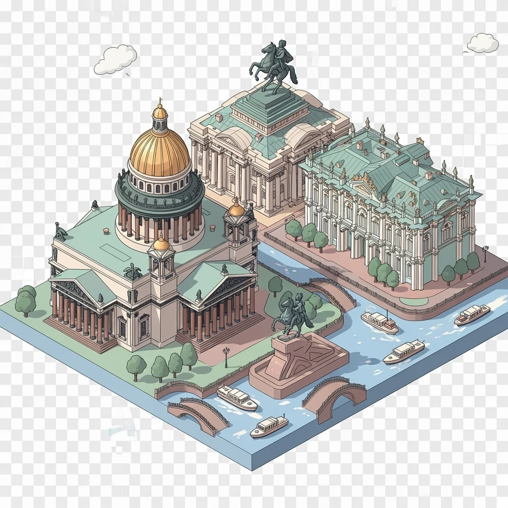 Isometric illustration of Saint Petersburg with the Saint Isaac’s Cathedral, the photorealistic Winter Palace, and the Bronze Horseman statue, toy boats and bridges, in pastel miniature diorama style, transparent background emoji
