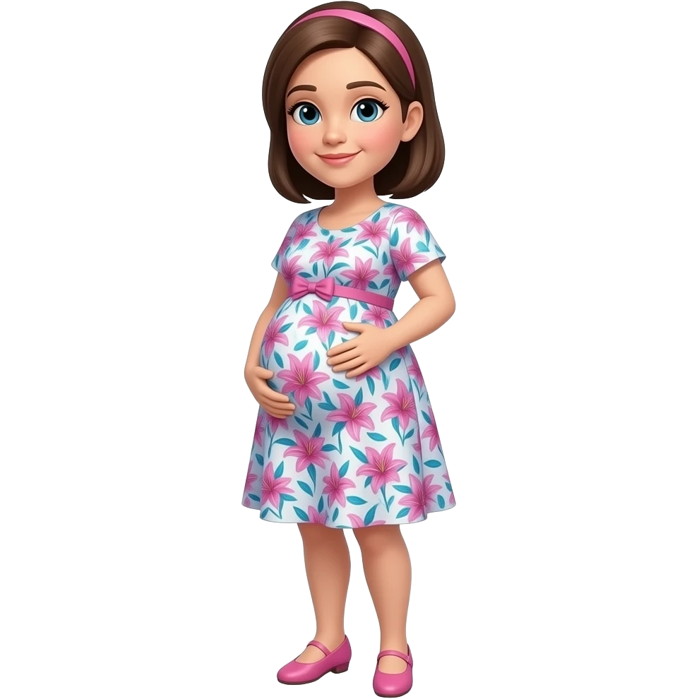 Short pregnant women. Wearing a pink and blue and white lily politzer dress and pink shoes. She has brown semi straight hair in a  side part emoji